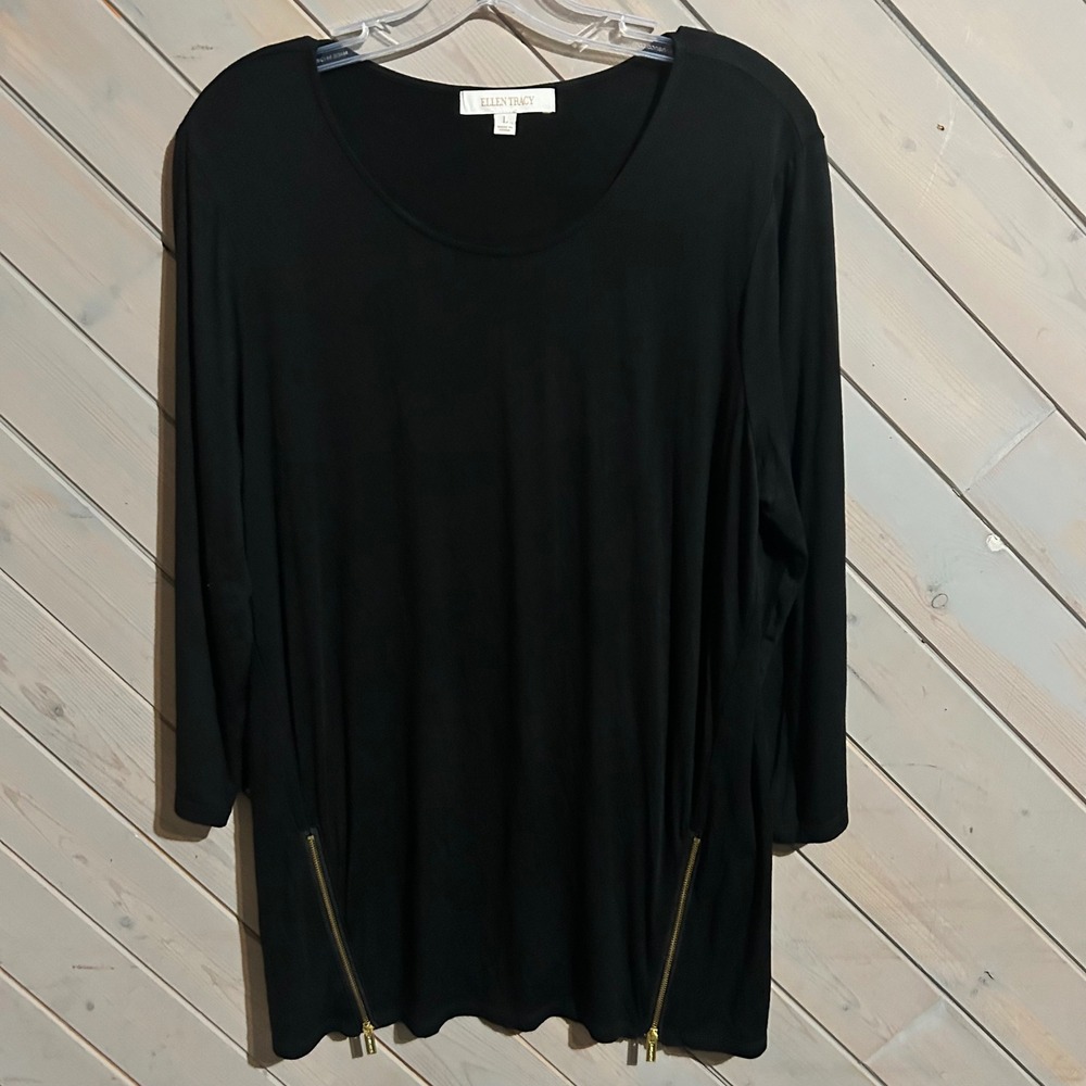 Ellen Tracy Women's Black Long Sleeve Tunic Top with Zipper Detail Size L
